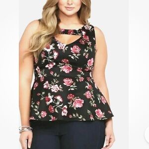 Torrid Blouse Top Size 2X Black Floral Fit And Flair Key Hole Top Sleeveless